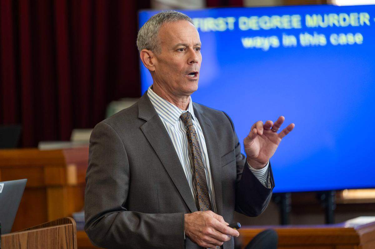 Placer County prosecutor Richard Miller makes his closing arguments in the case of Daniel Serafini, the former major league baseball player who is on trial for allegedly murdering his in-laws, in Placer Superior Court in Auburn on Tuesday, July 8, 2025.