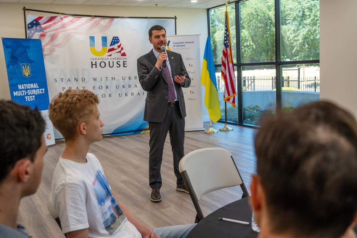 Dmytro Kushneruk, consul general of Ukraine in San Francisco, speaks at an event on Tuesday after Ukrainian refugee high school graduates finished their National Multi-subject Test at the Ukrainian American House in Rancho Cordova.