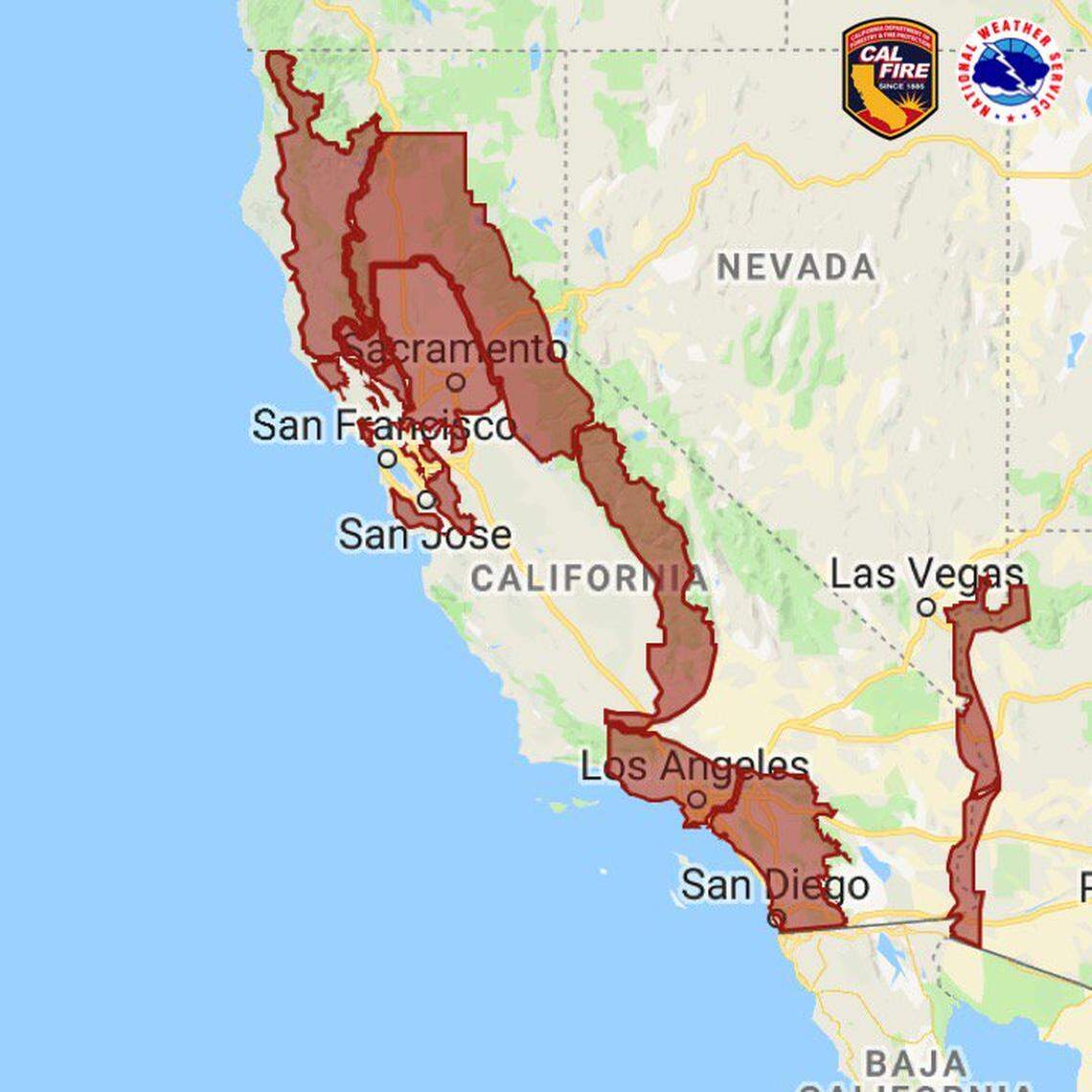 California’s Red Flag Warning was updated Nov. 11, 2018 by the National Weather Service, now spanning across the state and lasting in some areas until Wednesday due to continued high winds and dry conditions.