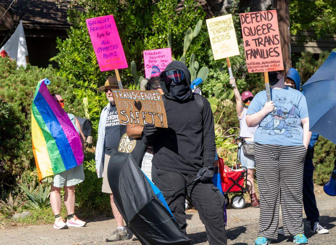 LGBTQ activists counter-protested a parents’ rights “War on Children” rally near Gov. Gavin Newsom’s home in Fair Oaks on Saturday.