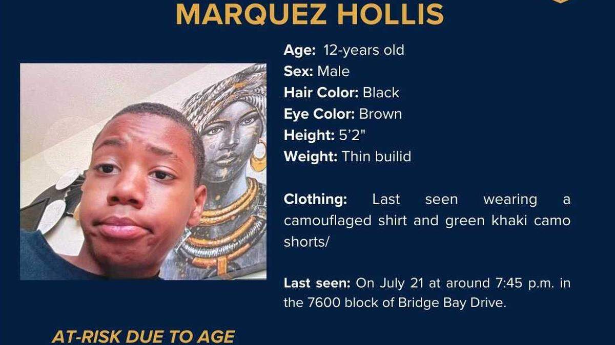 The Sacramento Police Department is looking for Marquez Hollis, a missing 12-year-old boy, last seen Sunday in the Pocket neighborhood.