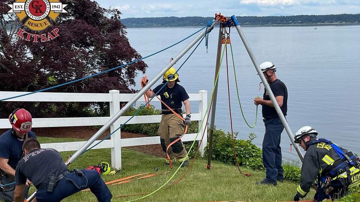 A couple got stranded on a 60-foot embankment after trying to rescue their dog.