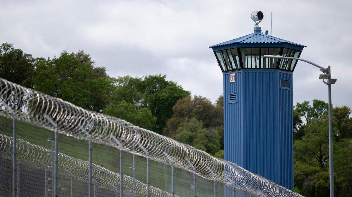 A guard tower stands earlier this year at the male-only state prison California State Prison, Sacramento in Folsom.