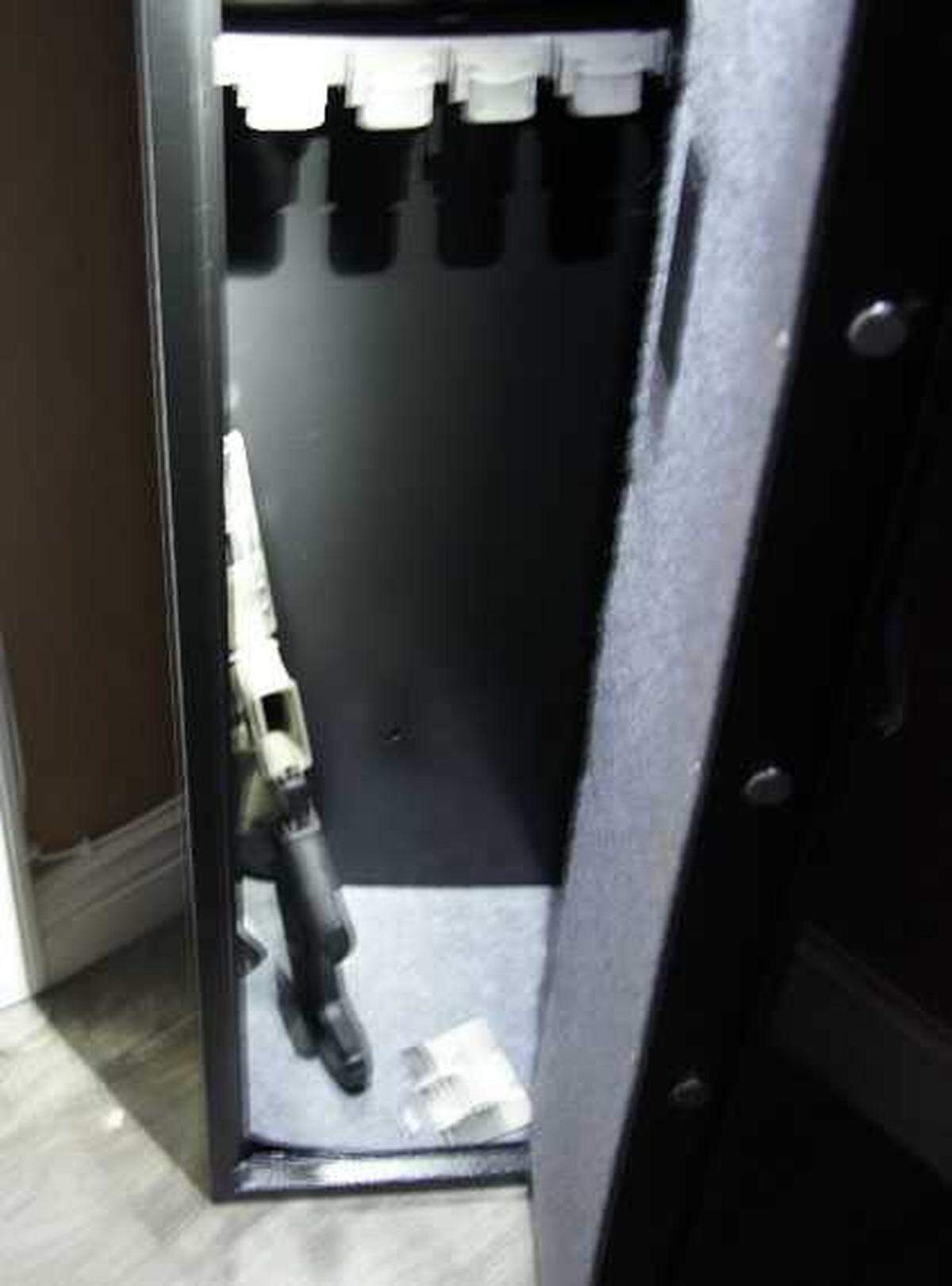 In an image included by federal prosecutors in a criminal complaint against Ruby Uribe, a non-serialized short-barreled rifle is seen in a safe inside Uribe’s home. The weapon was seized by federal authorities following a court-ordered search of her Antelope home.