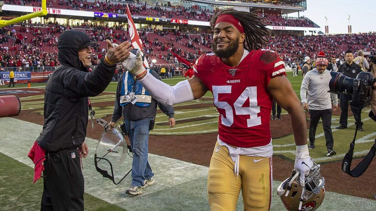 San Francisco 49ers middle linebacker Fred Warner (54) leaves the field after the 27-10 victory over the Minnesota Vikings during an NFC playoff game at the Levi’s Stadium on Saturday, Jan 11, 2020 in Santa Clara.