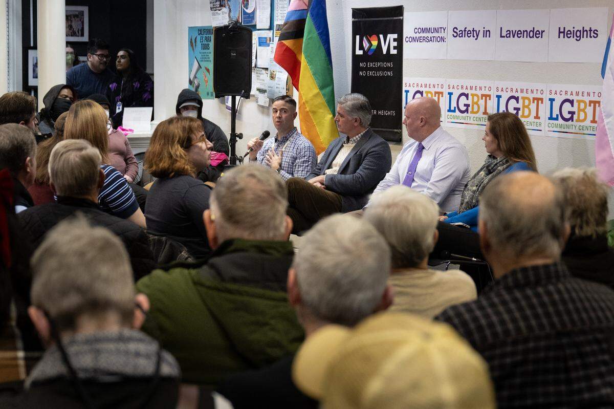 Sacramento LGBT Community Center CEO David Heitstuman, City Councilmember Pluckebaum, Sacramento police LGBTQ+ liaison Sgt. Jon Houston and Midtown Association Executive Director Emily Baime Michaels discuss recent incidents affecting the LGBTQ+ community during a safety forum in Lavender Heights at the Sacramento LGBT Community Center in Sacramento on Tuesday.