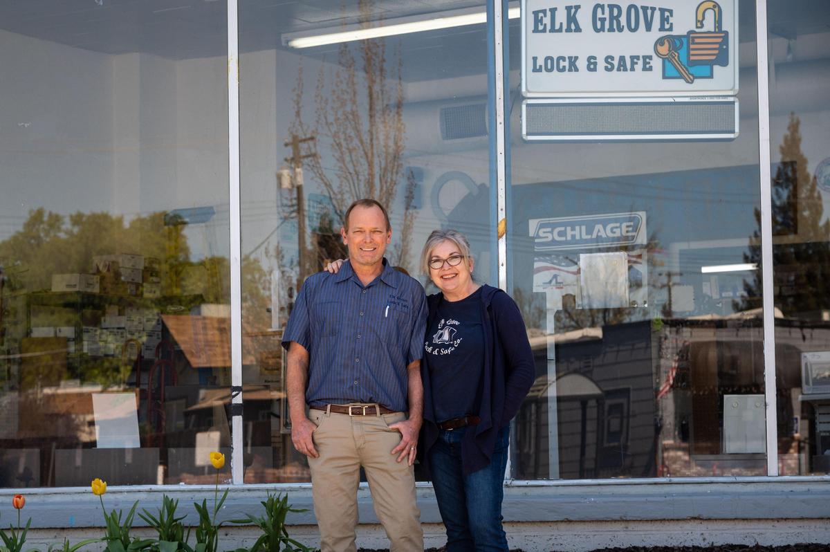 Ted and Anita Hofmeister stand outside their family business, Elk Grove Lock & Safe, on Wednesday, April 1, 2020, where they’ve been working to keep their employees busy and paid amid the coronavirus pandemic. “That’s all you can ask for right now, keep everybody busy, keep a little bit off money coming in and keep the doors open,” Ted said, “And try to maintain the safety standards that are required.”