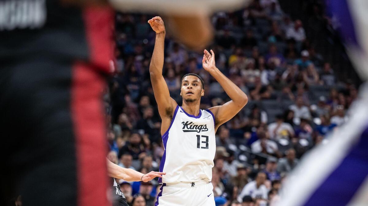 Sacramento Kings forward Keegan Murray (13) shoots a three point basket against the Miami Heat during the first half of their California Classic NBA summer league basketball game Wednesday, July 5, 2023, at Golden 1 Center.