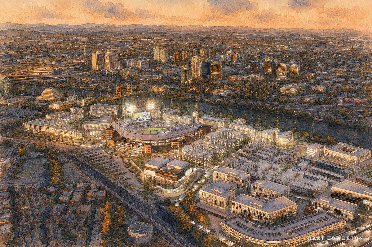 A rendering released Thursday shows a Major League Baseball stadium on the West Sacramento waterfront near the Tower Bridge.