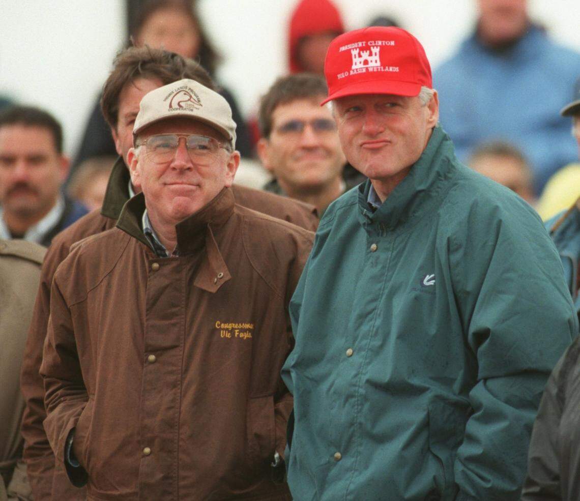 Rep. Vic Fazio and President Bill Clinton attend the dedication of the Yolo Bypass Wildlife Area in 1997. In 1999, the wildlife area was named after Fazio, who lobbied for funds for the project.