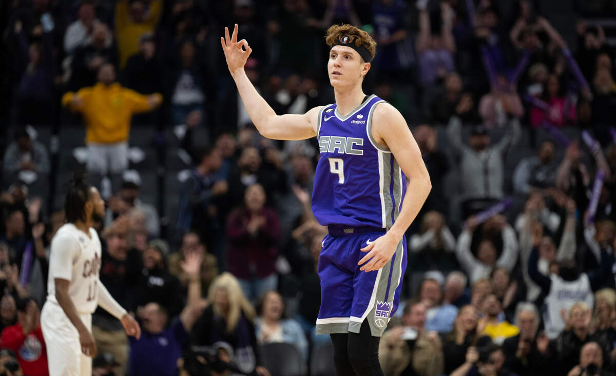 Sacramento Kings guard Kevin Huerter (9) celebrates after another three-point score against the Cleveland Cavaliers in November.
