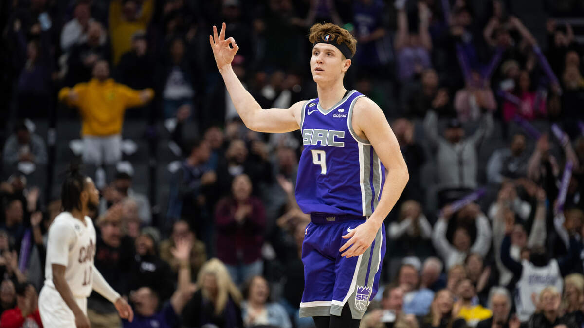 Sacramento Kings guard Kevin Huerter (9) celebrates after another three point score against the Cleveland Cavaliers in the fourth quarter during a game at the Golden 1 Center in Sacramento, Wednesday, Nov. 9, 2022.