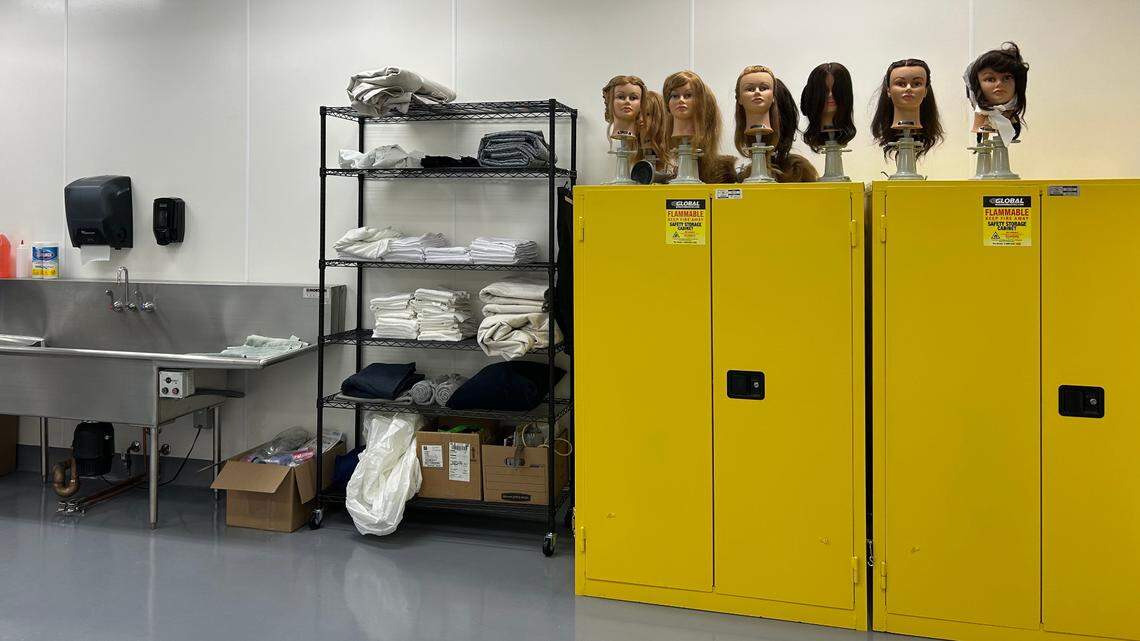 At American River College’s new mortuary, students can now practice facial reconstruction and cosmetology on wax heads in a restorative arts lab.