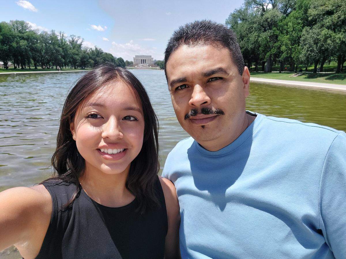 Jimena Romero, left, takes a selfie in Washington, D.C. with her dad. The two visited landmarks around the nation’s capital while attending the Citizens’ Climate Lobby Summer Conference.