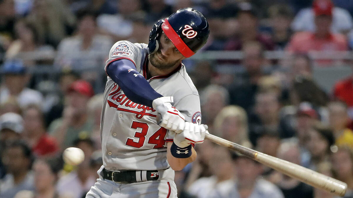 Washington Nationals' Bryce Harper takes a swing against the Pittsburgh Pirates in Pittsburgh, Tuesday, July 10, 2018.