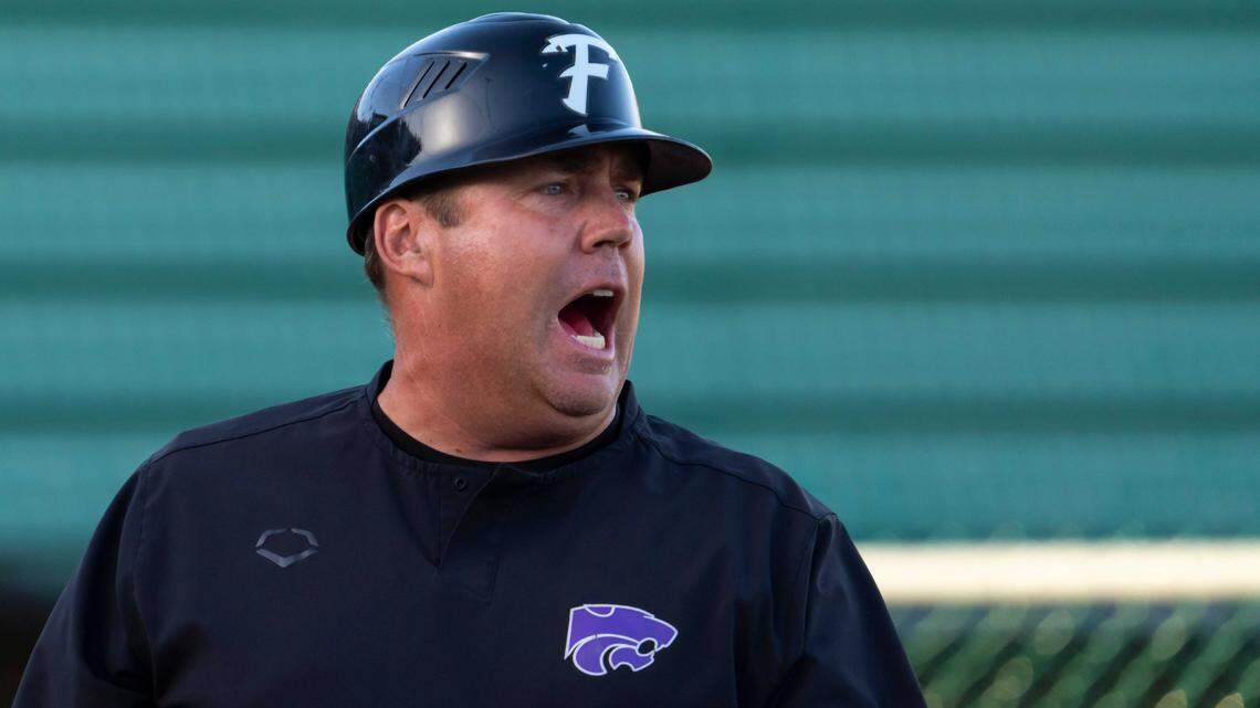 Franklin High School head coach Bryan Kilby shouts during the CIF Sac-Joaquin Section Division I baseball championship game against St. Mary’s at Sacramento City College on May 23, 2025. Kilby earns his 300th career varsity victory on Friday after Franklin beat Laguna Creek, 4-3.
