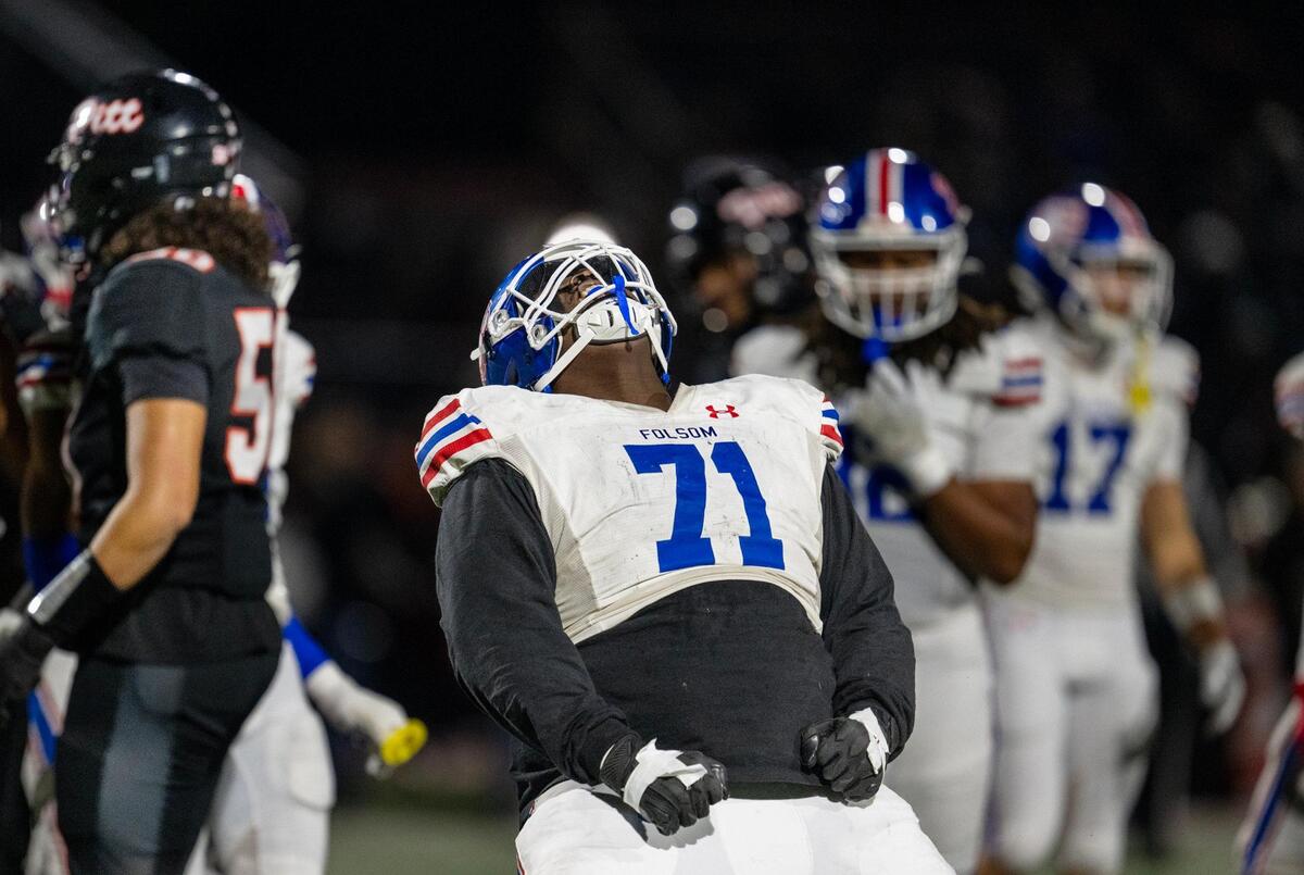 The Folsom Bulldogs’ Josiah Sharma (71) celebrates after tackling a Pittsburg Pirates’ runner for a loss in the first half during the CIF Northern California Division 1-AA championship game on Friday, Dec. 6, 2024, in Pittsburg.