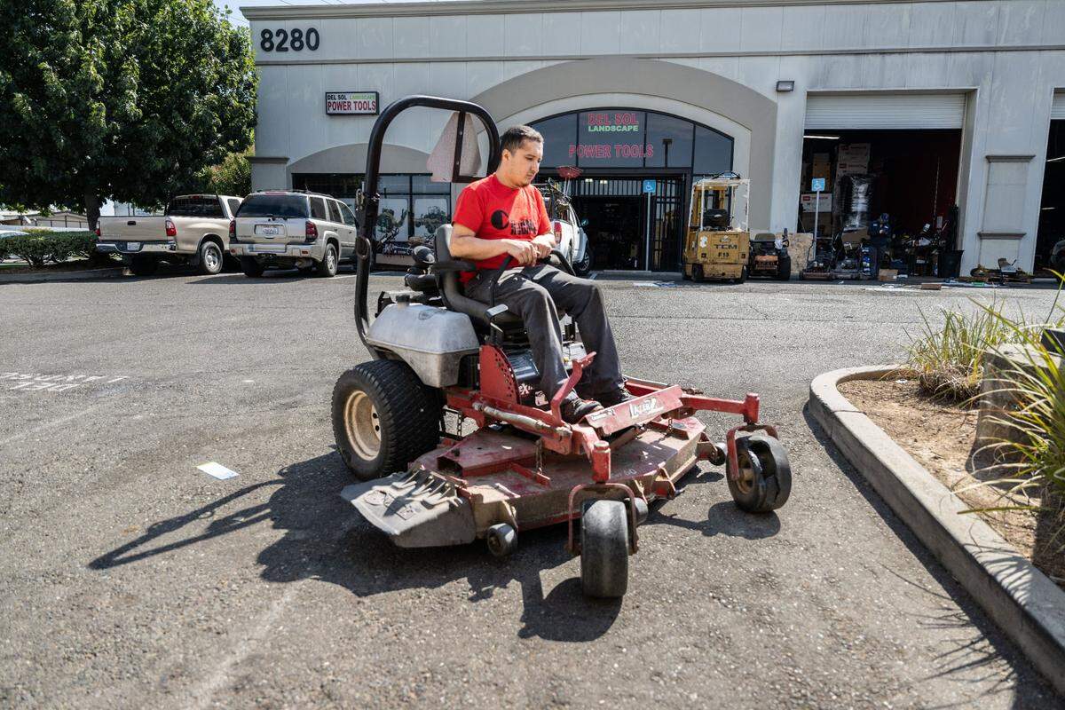 José Alonso, a technician with Del Sol Landscape Power Tools in Sacramento, tests a recently repaired gas-powered riding lawn mower in August Riding mowers are among the gas-powered landscaping equipment that would be affected by California’s ban on new sales, which starts in 2024.