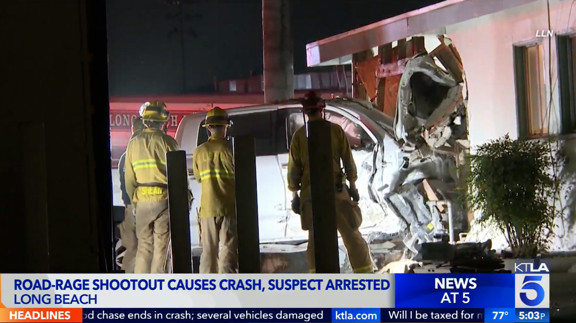 A car crashed into a California home during a road rage shootout that left one injured, authorities said.