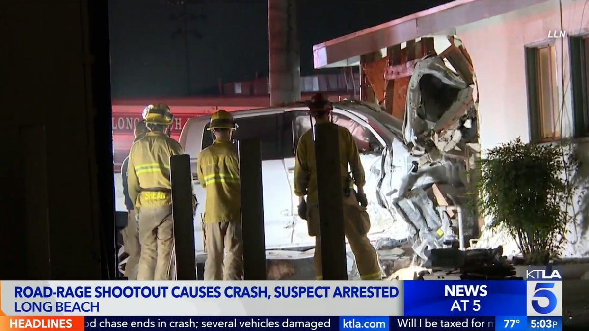 A car crashed into a California home during a road rage shootout that left one injured, authorities said.
