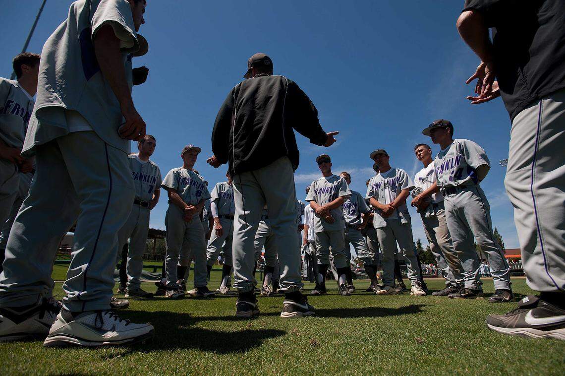 Franklin Wildcats head coach Bryan Kilby speaks to his team after a loss to St. Mary’s in the CIF Sac-Joaquin Section Division I championship game at the University of the Pacific in Stockton in 2012. Kilby later guided Franklin to section titles in 2023 and 2025 and, on Friday, earned his 300th career varsity victory