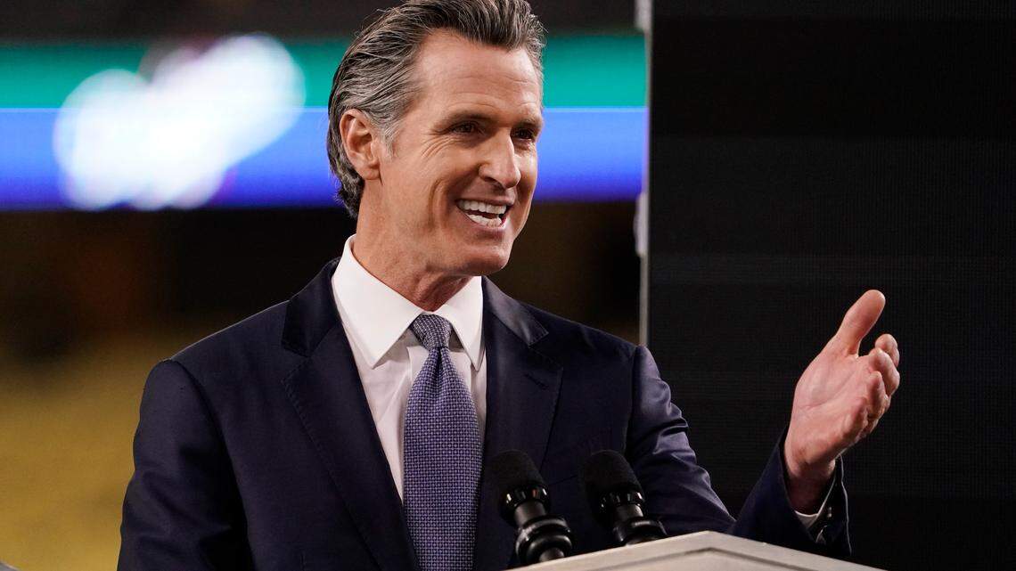 California Gov. Gavin Newsom delivers his State of the State address from Dodger Stadium Tuesday, March 9, 2021, in Los Angeles. (AP Photo/Mark J. Terrill)