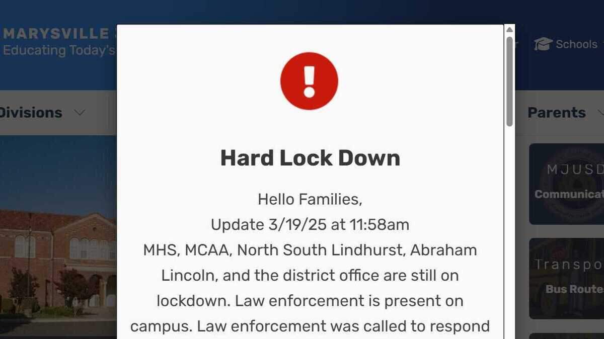 The Marysville Joint Unified School District school sites and its district office were on lockdown Wednesday.,