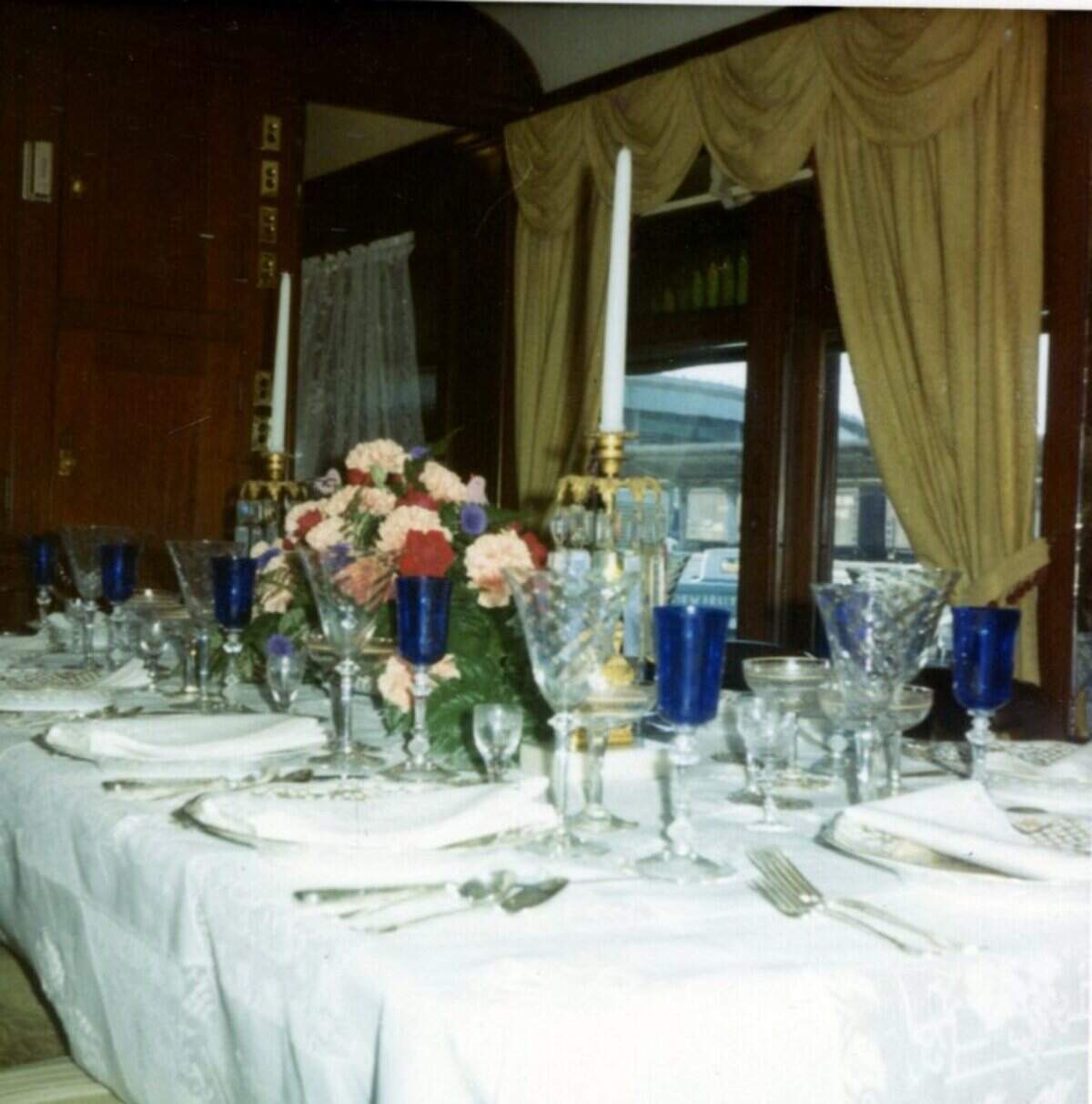 The table setting designed and provided by Carolyn Slobe for a key dinner on the Gold Coast rail car in 1970, when the Sacramento Trust for Historic Preservation successfully convinced then-Gov. Ronald Reagan to fund creation of the California State Railroad Museum in Old Sacramento.