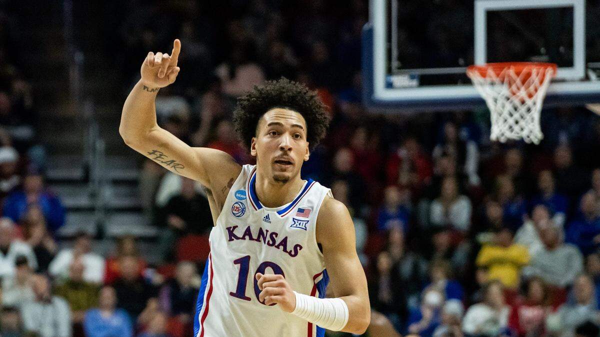 Kansas’ Jalen Wilson celebrates scoring during the NCAA men’s basketball tournament first round match-up between Kansas and Howard on March 16 at Wells Fargo Arena, in Des Moines, Iowa.