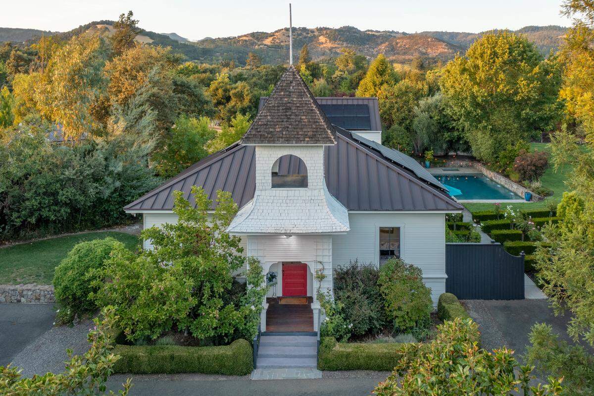 The 4,500-square-foot home is entered under the old bell tower in Sonoma, California.