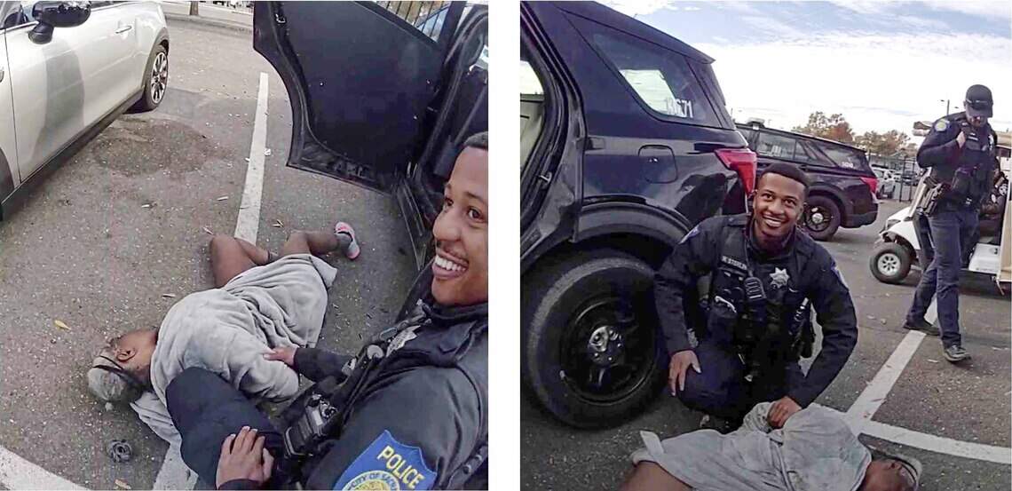 Lawsuit photos show California officer smiling over a handcuffed woman, 66, who later died