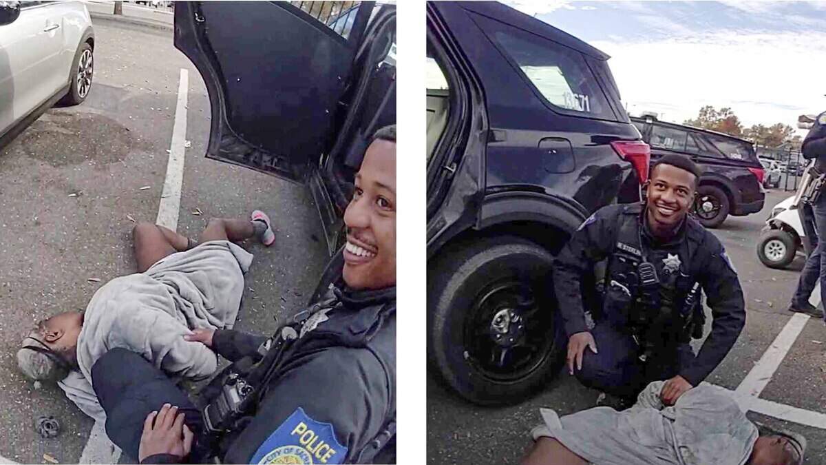 Lawsuit photos show California officer smiling over a handcuffed woman, 66, who later died