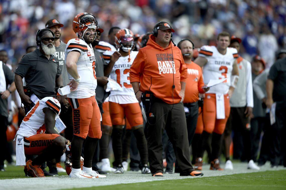 Cleveland Browns quarterback Baker Mayfield and head coach Freddie Kitchens watch a game from the sidelines. Kitchens was fired after the season, leaving the Browns to search for a sixth head coach since 2012.