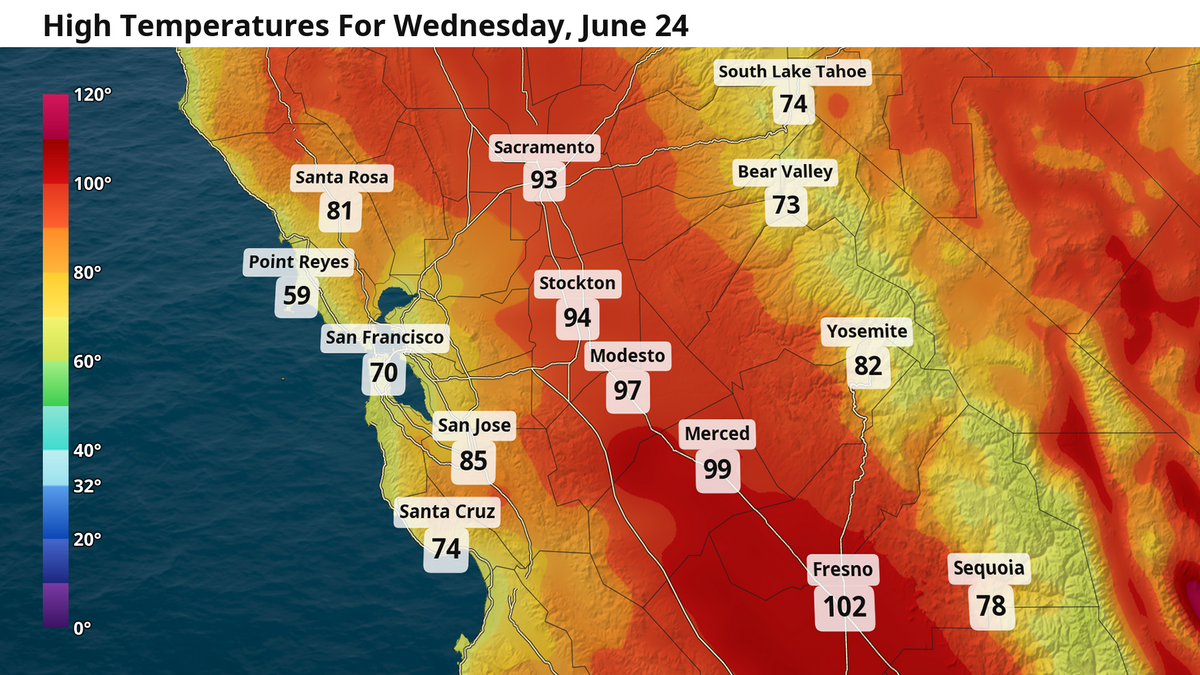 High temps in the 90s and 100s across the Central Valley on June 24, 2026