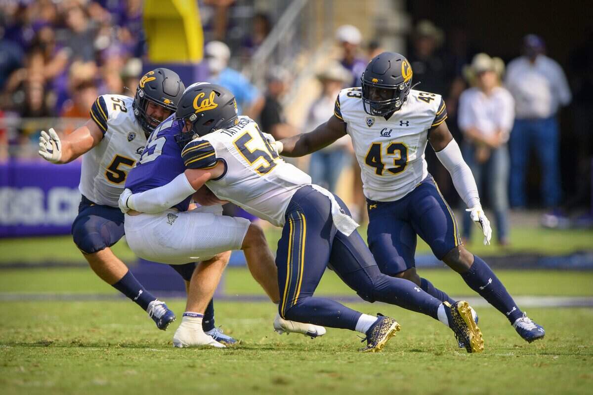 Sep 11, 2021; Fort Worth, Texas, USA; California Golden Bears linebacker Femi Oladejo (43) and linebacker Evan Tattersall (54) and TCU Horned Frogs quarterback Max Duggan (15) in action during the game between the TCU Horned Frogs and the California Golden Bears  at Amon G. Carter Stadium. Mandatory Credit: Jerome Miron-USA TODAY Sports