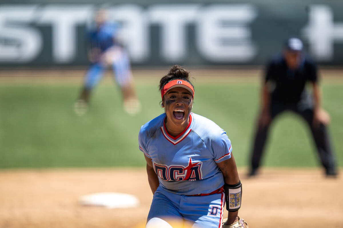 The Destiny Christian Academy Lions' Ayla Tuua (19) reacts after striking out one of twelve Vanden Vikings on Saturday, May 23, 2026, in the CIF Sac-Joaquin Section Division IIl softball championship at Sacramento State.