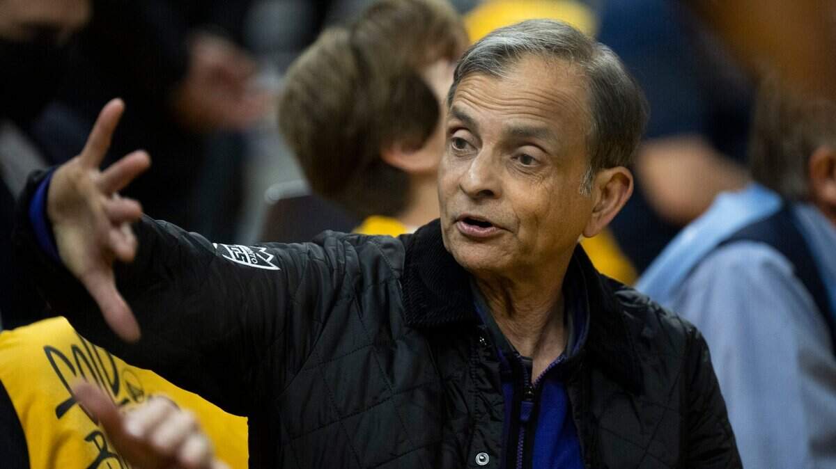 Sacramento Kings owner Vivek Ranadivé talks before Game 6 of the first-round NBA playoff series against the Warriors at Chase Center on Friday, April 28, 2023.