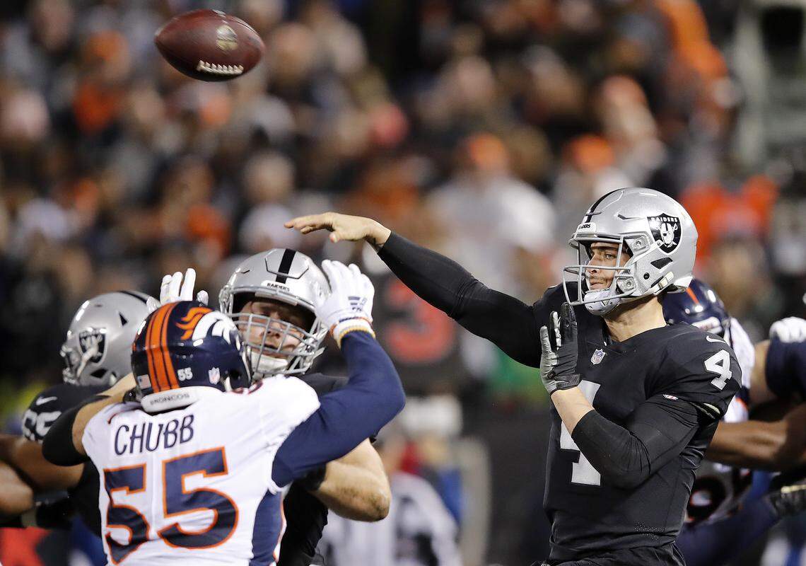 Oakland Raiders quarterback Derek Carr (4) passes against the Denver Broncos during the first half of an NFL football game in Oakland, Calif., Monday, Dec. 24, 2018. (AP Photo/John Hefti)