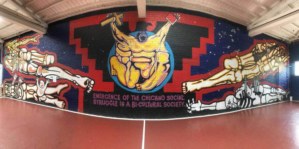 The oldest Chicano mural in Sacramento resides in the Washington Neighborhood Center and was painted by Esteban Villa, a cofounder of the Royal Chicano Air Force.