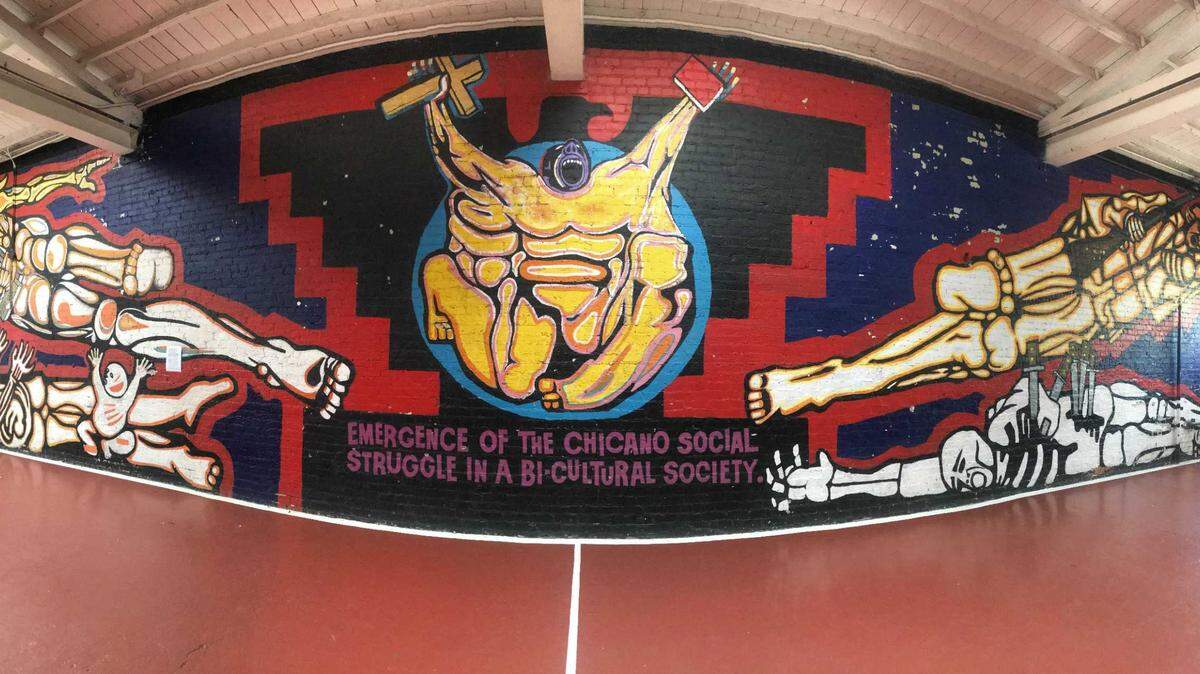 The oldest Chicano mural in Sacramento resides in the Washington Neighborhood Center and was painted by Esteban Villa, a cofounder of the Royal Chicano Air Force.