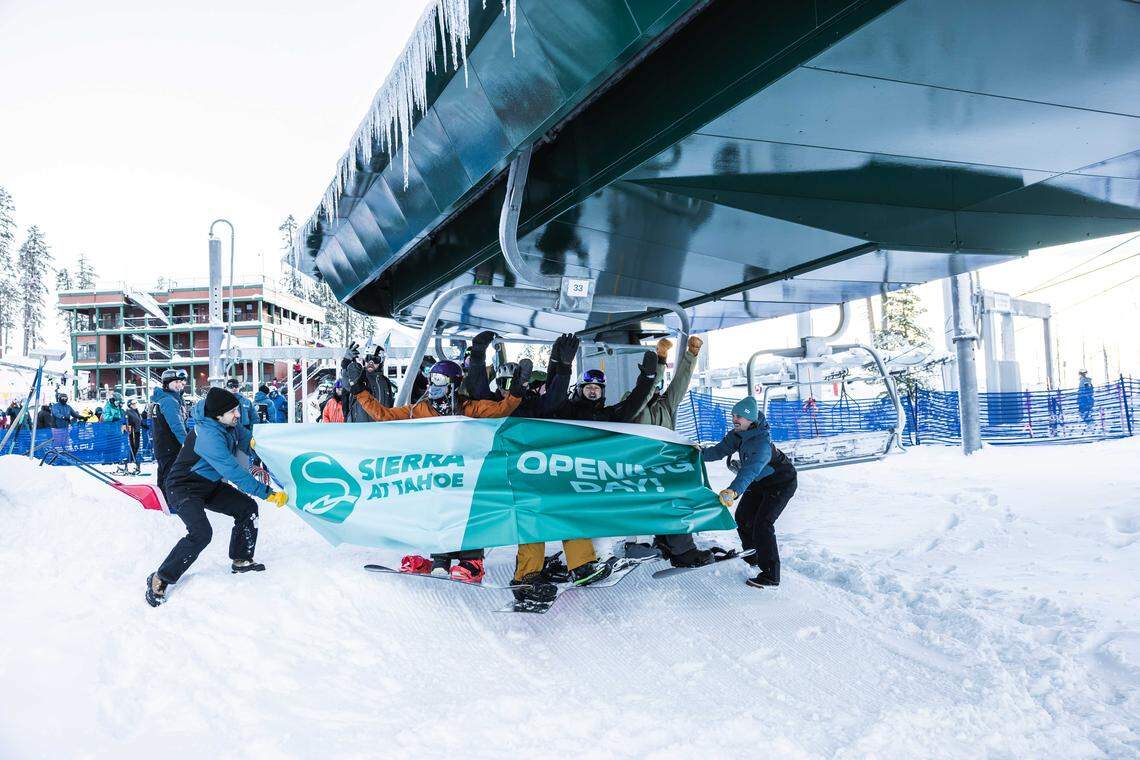 Skiers and snowboarders open up the Grandview Express chairlift on opening day at Sierra-at-Tahoe on Saturday, Dec. 27, 2025. The resort opened for the 2025-26 season with four lifts in operation following a major snowstorm during the holidays.