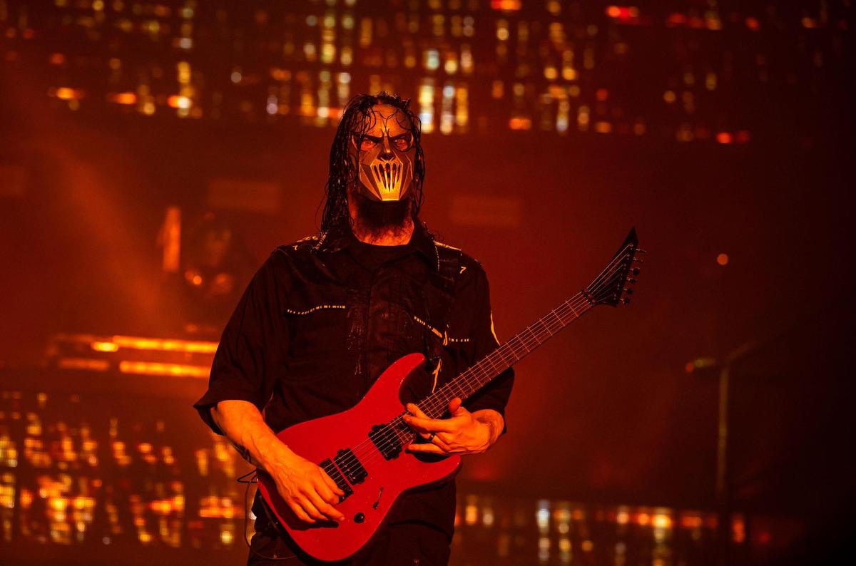 Slipknot guitarist Mick Thomson performs on the Jack Daniel’s Stage on opening night of the Aftershock rock festival Thursday.