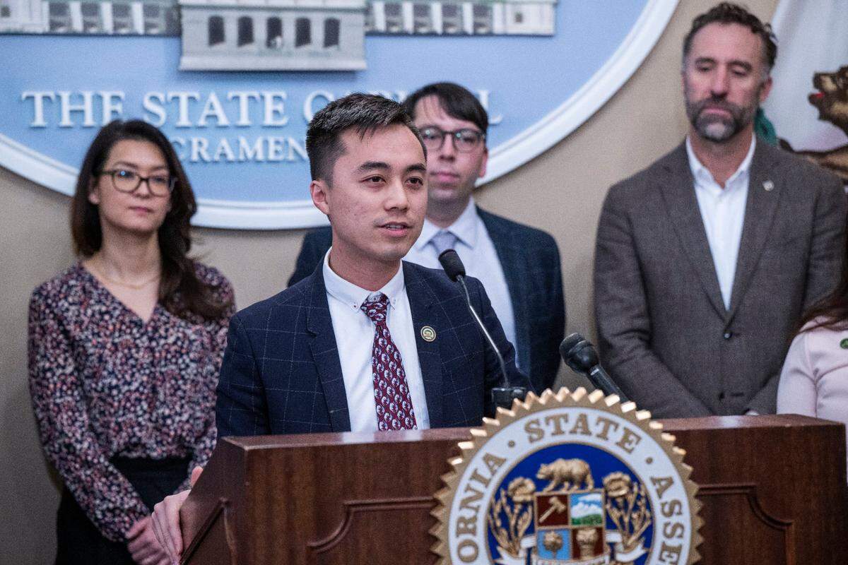 Assemblyman Alex Lee, D-San Jose, speaks at a press conference Monday, Jan. 23, 2023 to discuss AB 259 and ACA 3, which would tax extreme wealth in California. Gov. Gavin Newsom during his budget presentation railed against the idea of implementing such a tax.