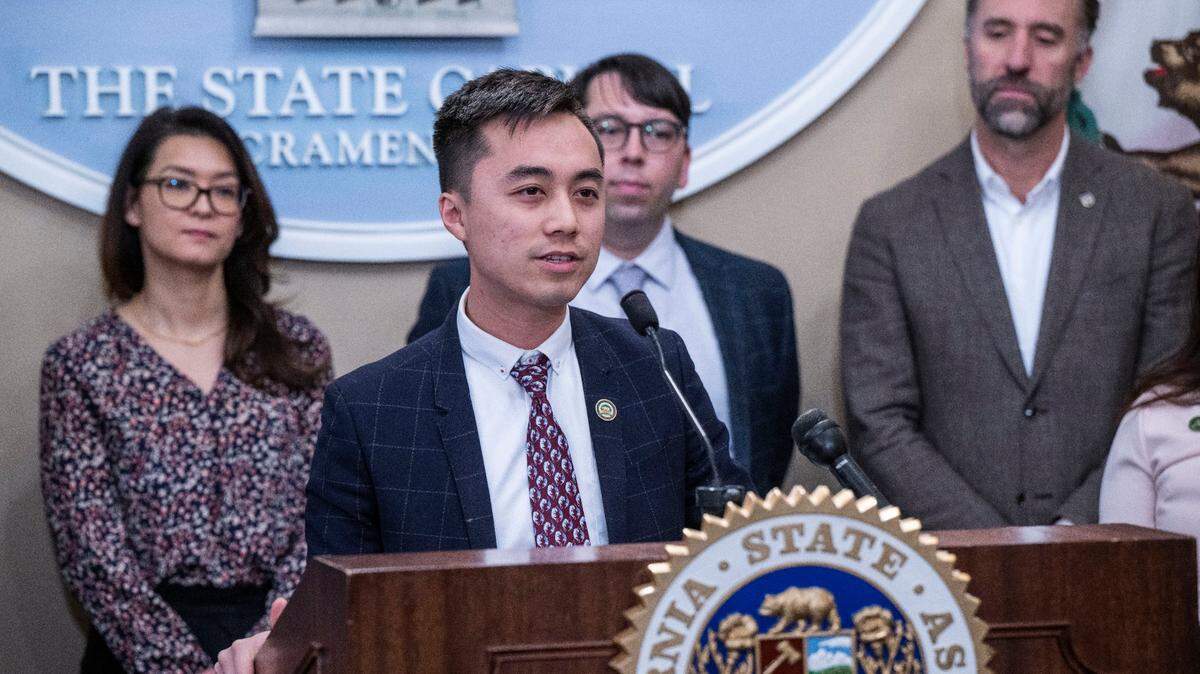 Assemblyman Alex Lee, D-San Jose, speaks at a press conference in 2023. On Wednesday, an Assembly committee approved Lee’s bill to protect state workers’ ability to telework.