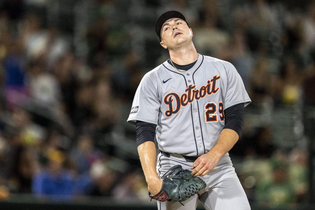 Detroit Tigers pitcher Tarik Skubal (29) reacts to a grand slam home run by Athletics catcher Shea Langeliers (23) in the seventh inning during a MLB game at Sutter Health Park on Monday.