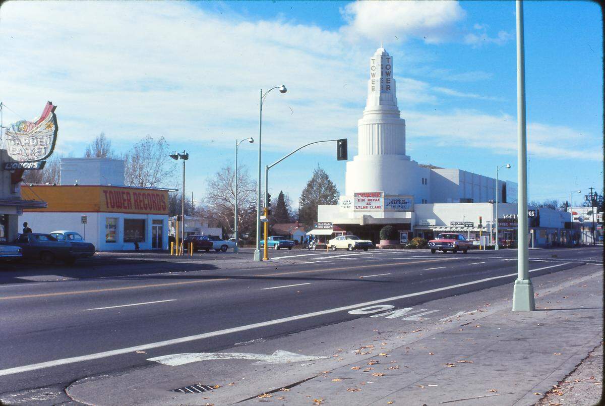 Sacramento’s Tower Theatre stands next to a Tower Records store in 1968. The former Tower Records building was demolished in 2019 and is being rebuilt to be a multi-use building for retail stores and apartments.