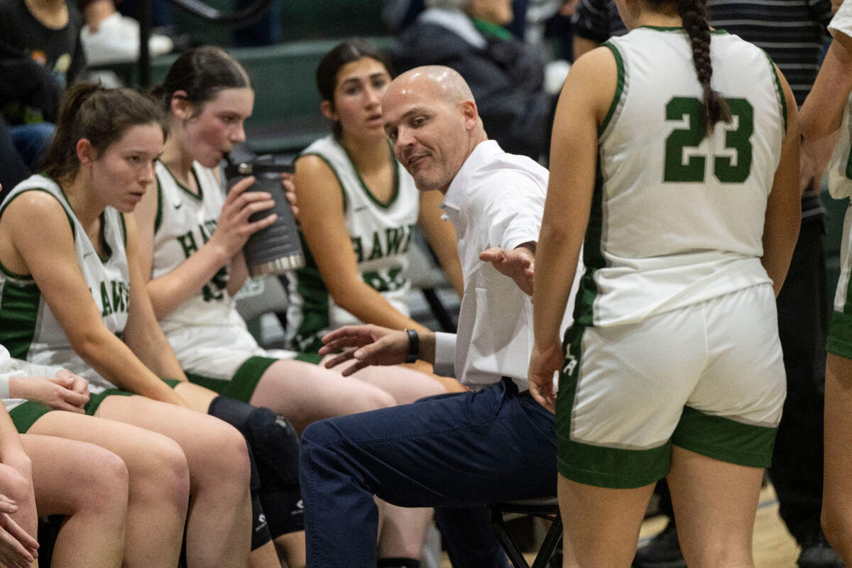 Liberty Ranch girls basketball coach Josh Williams talks with his team during a 2024 CIF playoff game against Sonora at Liberty Ranch High School in Galt.
