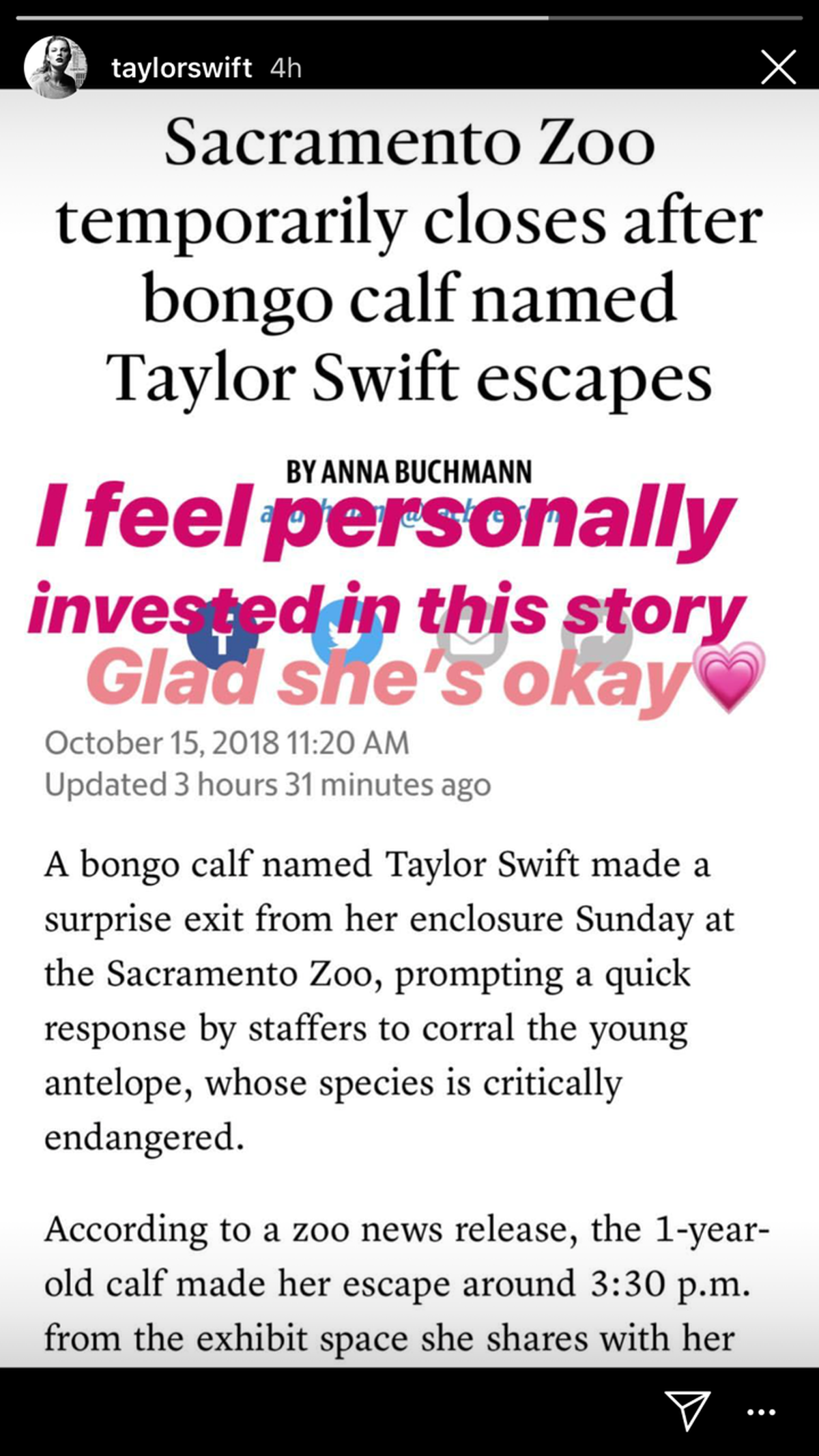 When she heard about an escaped Sacramento Zoo bongo named after her, pop superstar Taylor Swift posted a Sacramento Bee article to her Instagram account expressing concern for her namesake and saying “Glad she’s okay.”