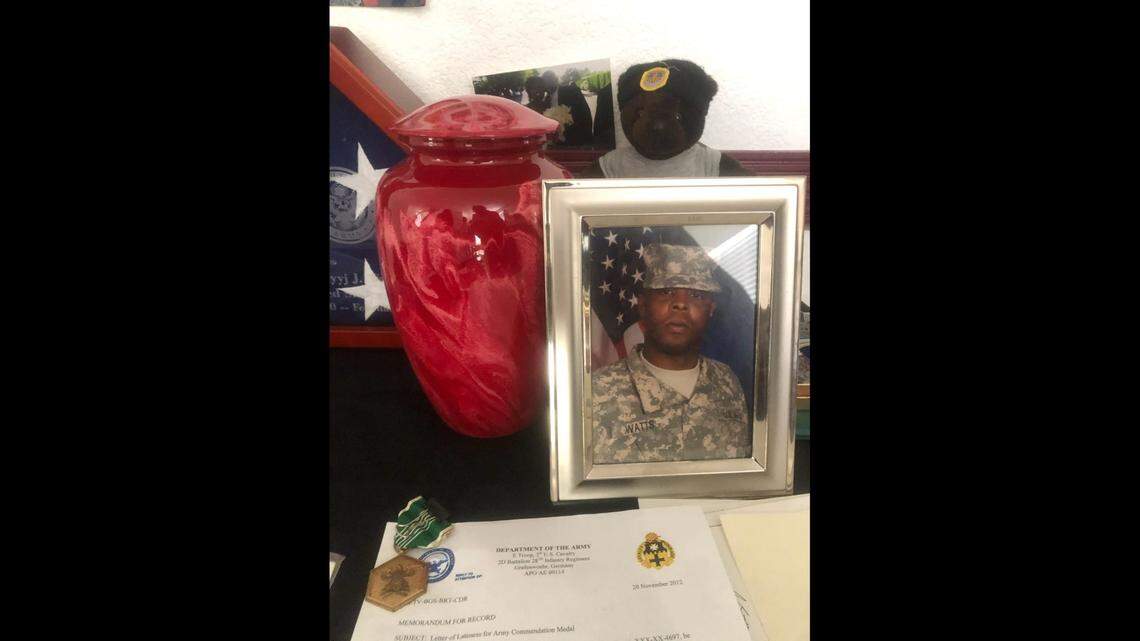 Mia Outland-Watts has created a memorial display for her husband, Deyyj Watts, 40, who died Feb. 26, 2021, while incarcerated in Sacramento County’s downtown jail this year.