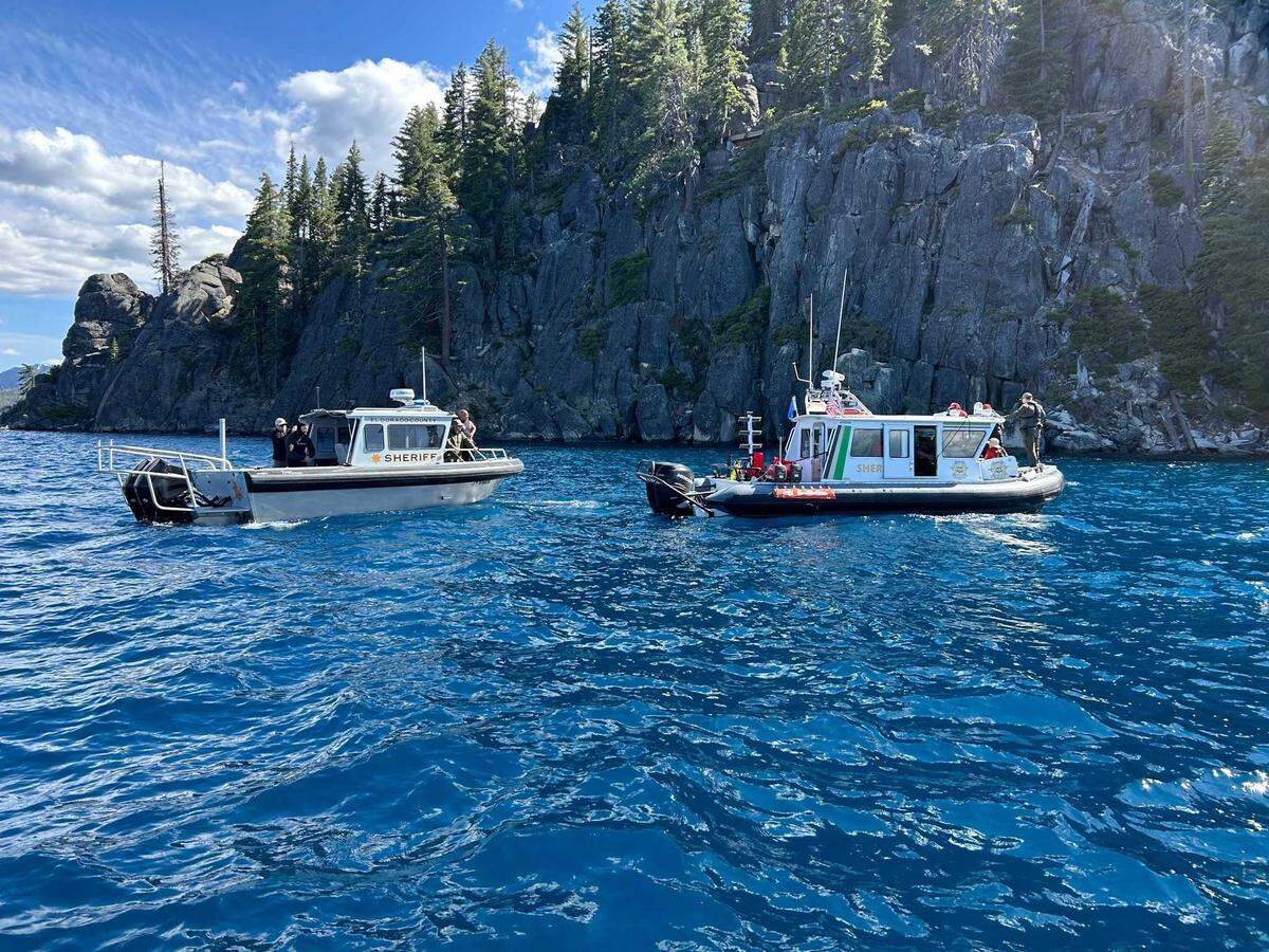 Patrol boats from the Washoe and El Dorado county sheriff’s offices search June 22 for two boaters who went missing after a capsizing near D.L. Bliss State Park. Crews used sonar and a remotely operated vehicle after a 27-foot Chris-Craft boat capsized during a sudden thunderstorm the previous afternoon.